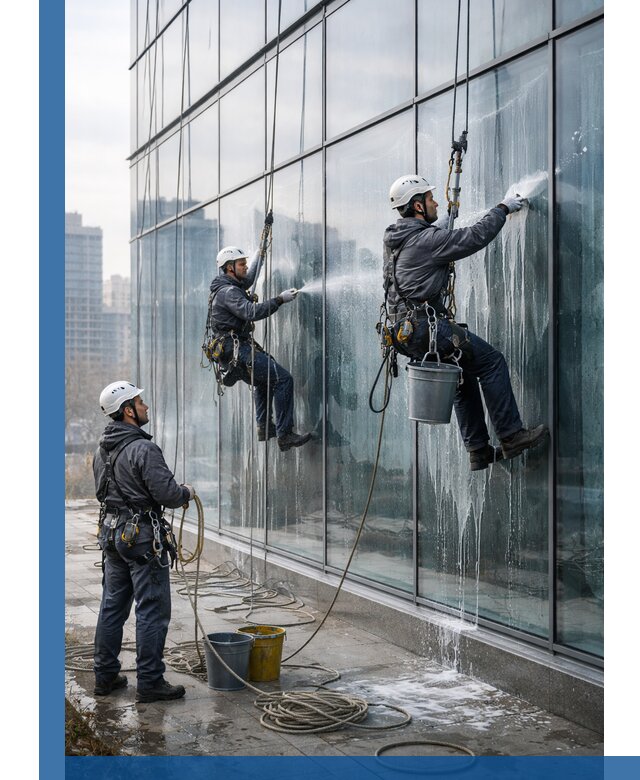 Промышленная мойка панорамных окон на высоте в Ревде