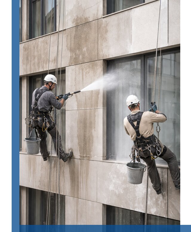 Послестроительная мойка фасада промышленным альпинизмом в Ревде