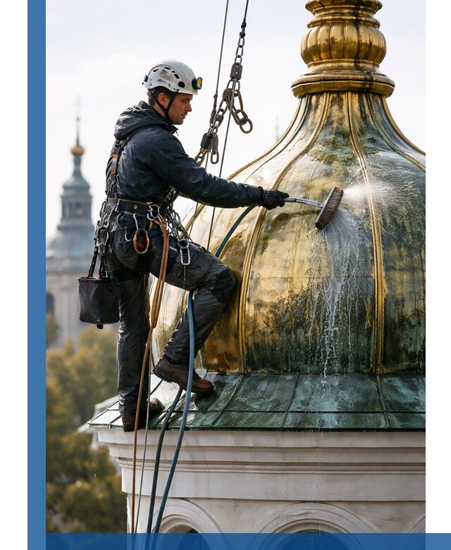 Профессиональная мойка куполов и шпилей высотными альпинистами в Ревде