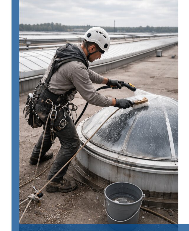 Мойка зенитных фонарей на кровле для промышленных объектов в Ревде