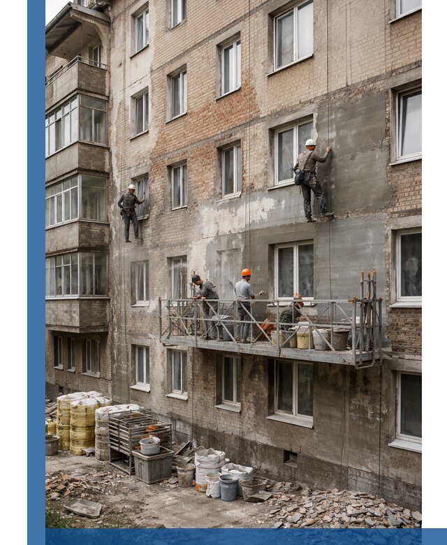 Капитальный ремонт фасада в Ревде с восстановлением и гидроизоляцией