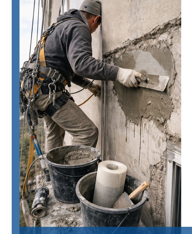 Ремонт бетонных элементов фасада промышленными альпинистами в Ревде