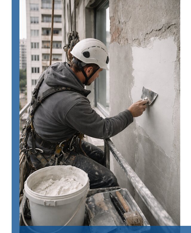 Шпаклевка фасадов на высоте с промальпинистами в Ревде