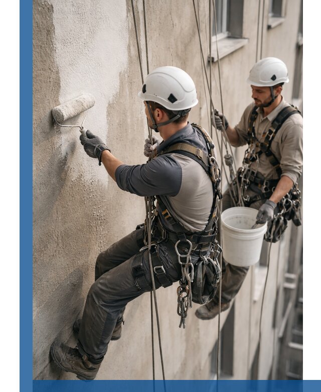 Грунтовка фасада на высоте в Ревде промышленными альпинистами