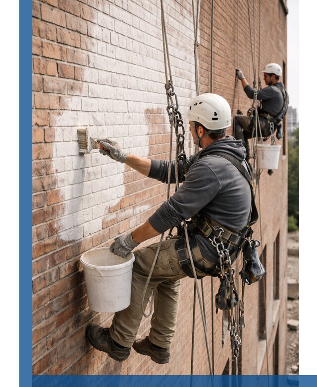 Покраска кирпичного фасада с доступным альпинистским сервисом в Ревде