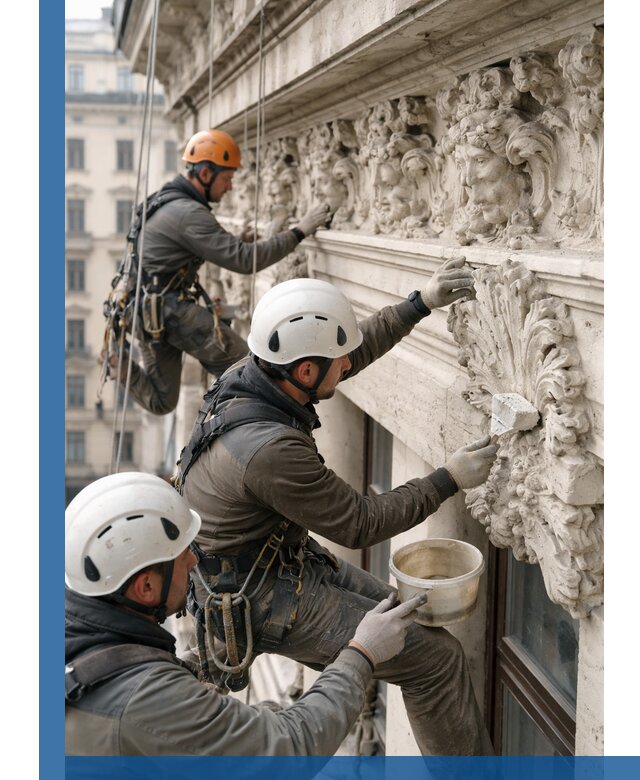 Реставрация фасадной лепнины с высотными работами в Ревде