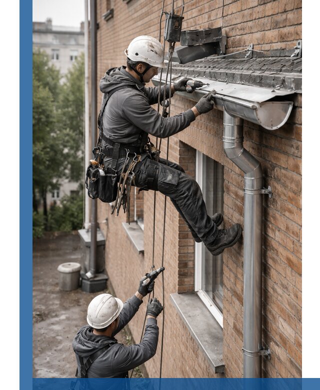 Монтаж водосточной системы на здании в Ревде под ключ