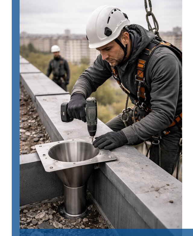 Монтаж водосточных воронок в Ревде для промышленных зданий