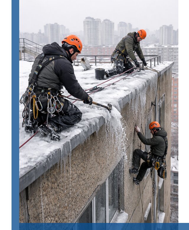 Удаление наледи с кровли в Ревде промышленными альпинистами