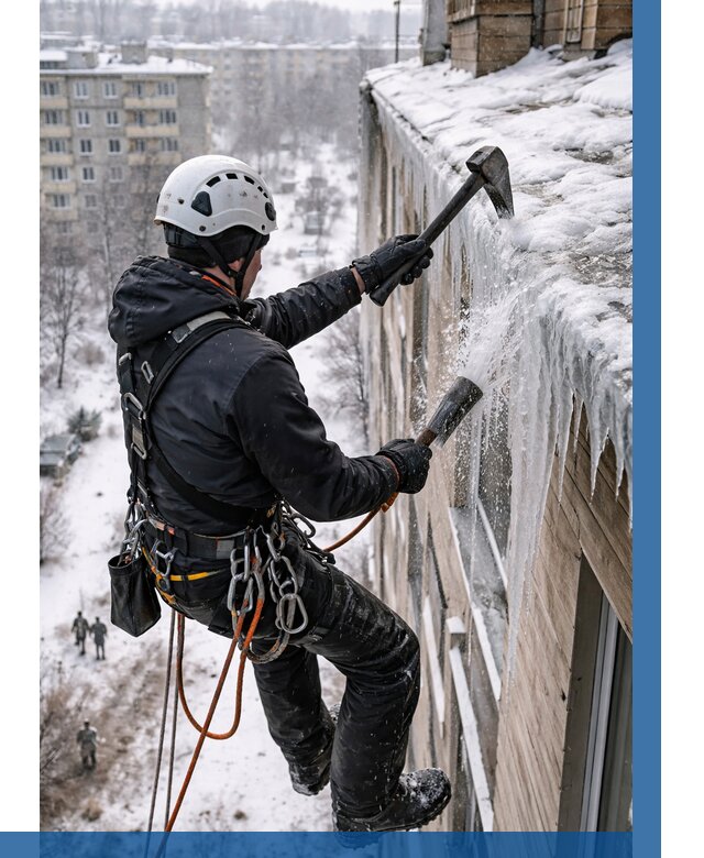 Сбивание сосулек с крыши в Ревде по цене от 4761 р. | ВЫСОТНИК-Рвд