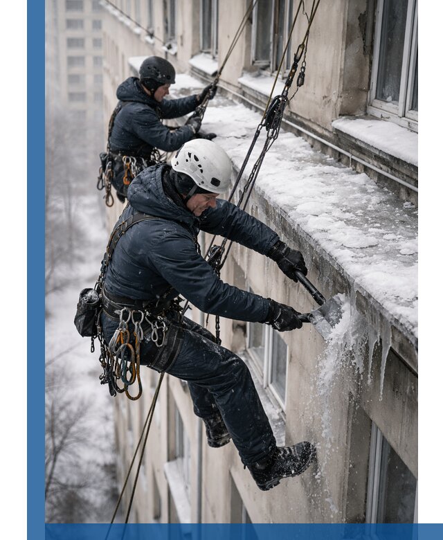 Удаление наледи и сосулек с карнизов в Ревде профессионально