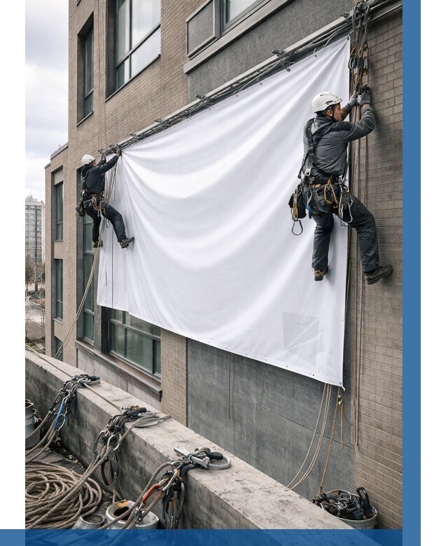 Монтаж баннеров на фасаде в Ревде от 688 р. заказать ВЫСОТНИК-Рвд