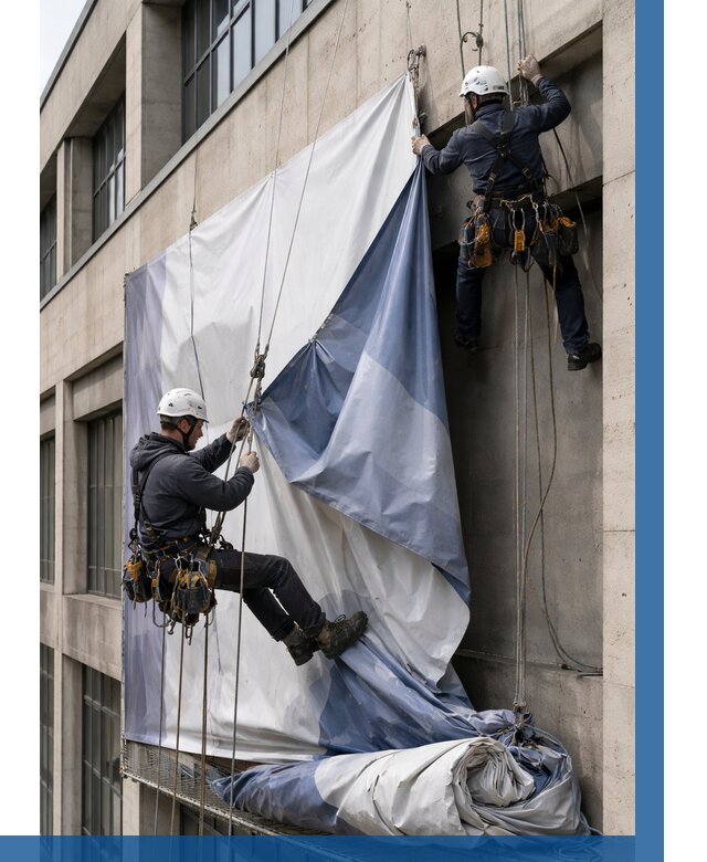 Демонтаж баннеров с фасада в Ревде от 4761 р. | ВЫСОТНИК-Рвд