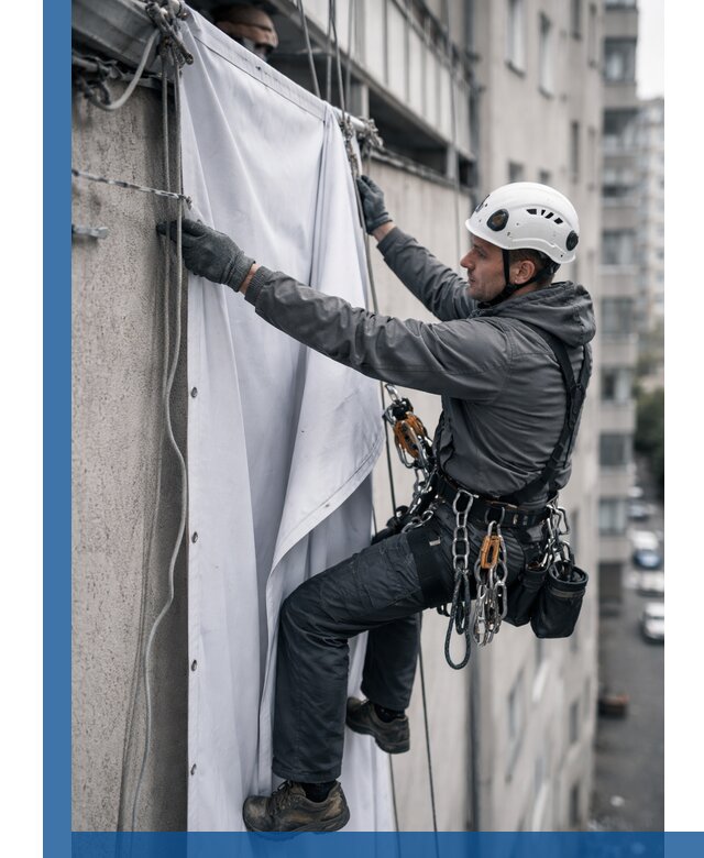 Замена баннерного полотна промышленными альпинистами в Ревде
