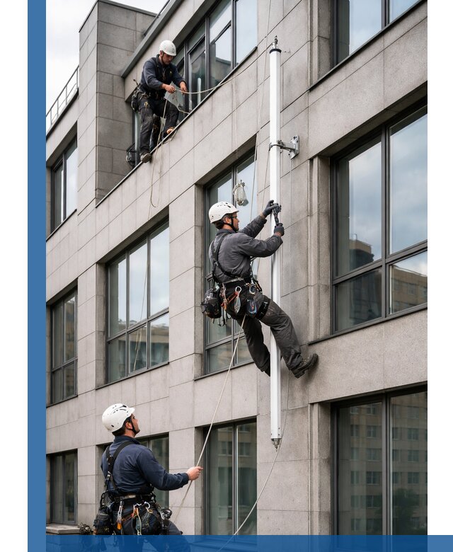 Монтаж флагштока на фасаде здания с креплением и герметикой в Ревде