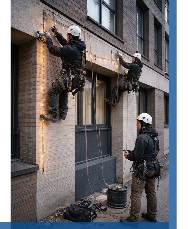 Монтаж гирлянд на фасаде в Ревде от 3703 р. | ВЫСОТНИК-Рвд