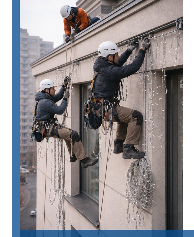 Монтаж праздничных гирлянд на фасаде в Ревде для зданий