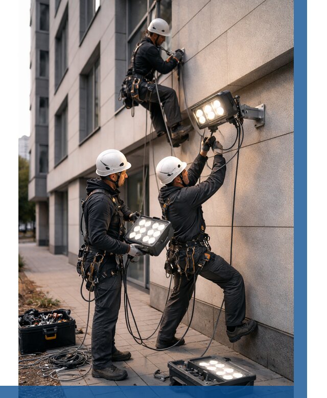 Монтаж прожекторов на фасаде в Ревде от 7934 р. | ВЫСОТНИК-Рвд