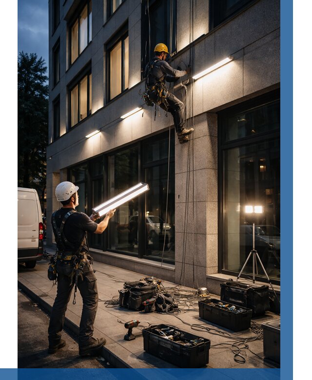 Монтаж архитектурной подсветки здания в Ревде от 2645 р.|ВЫСОТНИК-Рвд