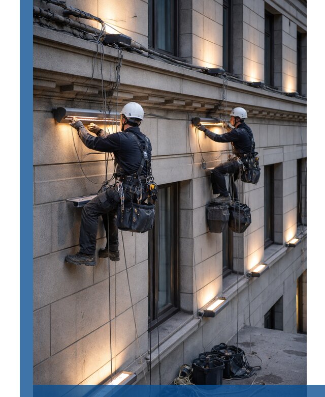 Монтаж архитектурной подсветки фасадов зданий в Ревде