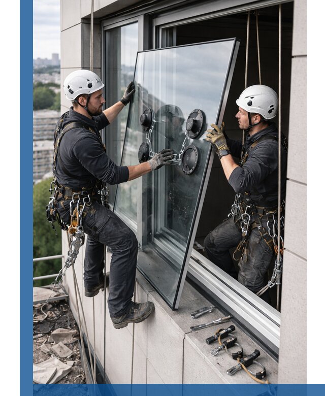 Замена стеклопакетов на высоте с промышленными альпинистами в Ревде