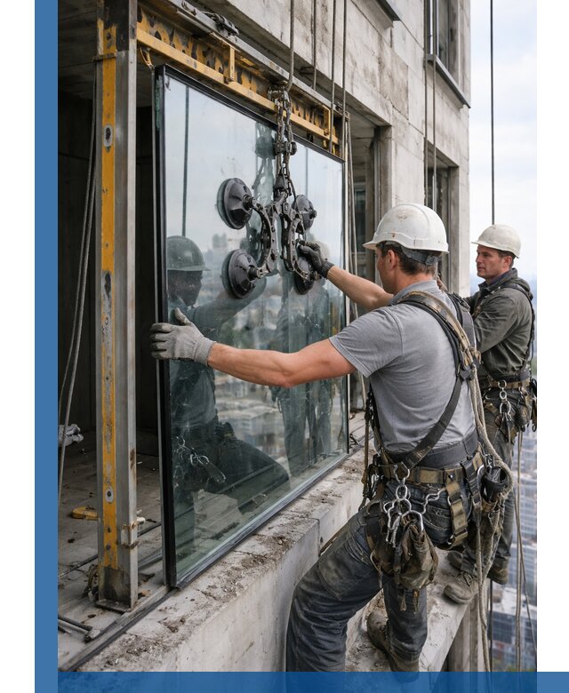 Монтаж стеклопакетов на высоте в Ревде с промышленным альпинизмом