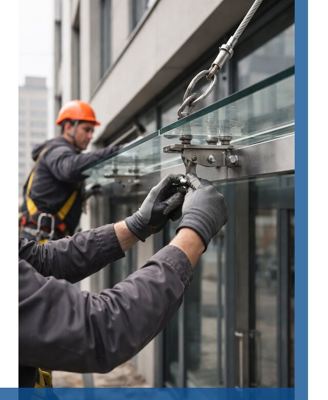 Монтаж стеклянных козырьков в Ревде от 8992 р. | ВЫСОТНИК-Рвд