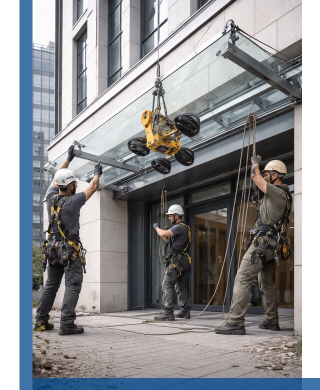 Монтаж стеклянных козырьков под ключ в Ревде для зданий