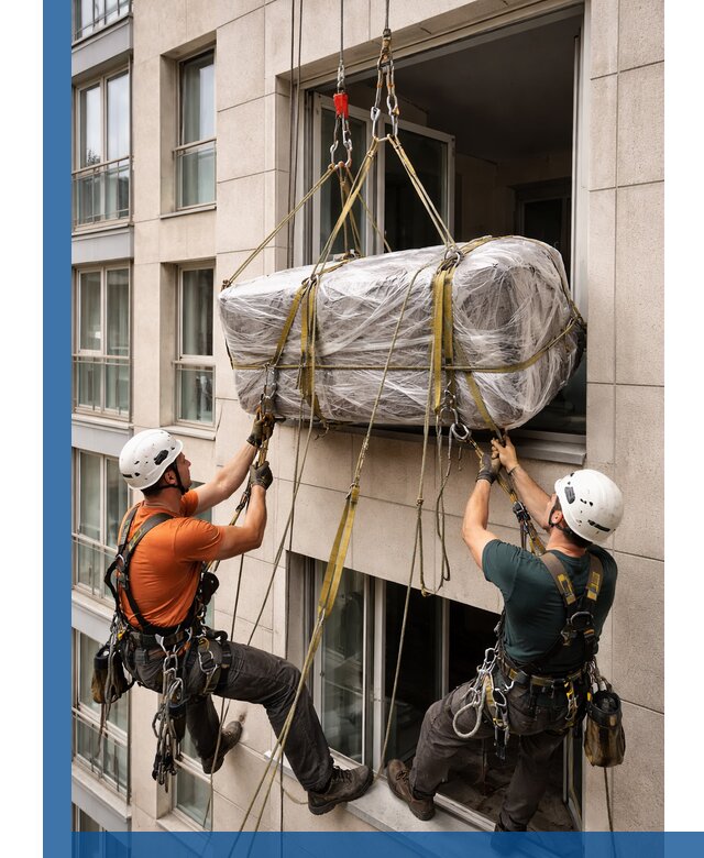 Подъем грузов через окно в Ревде промышленными альпинистами